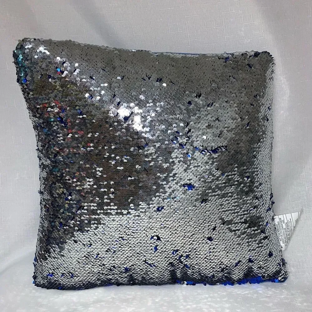 Blue Silver Reversible Flip Sequin Throw Pillow Color Changing Decor Home Bed